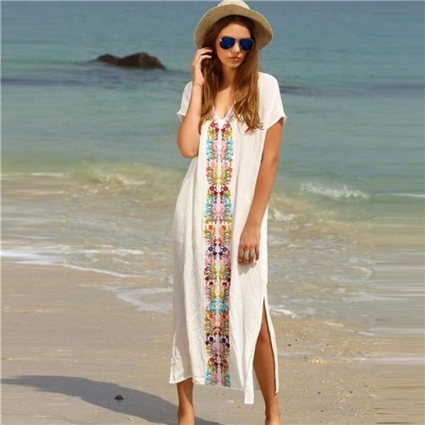 

casual dresses embroidered tape trim symmetric flower print dress summer white v neck long sleeve side split plus size #n18, Black;gray