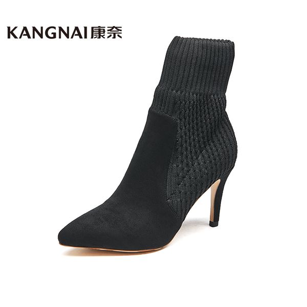 

kangnai socks boots women fashion pointed toe super high heels black short ankle boots ladies winter shoes