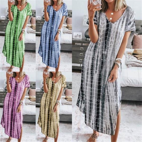 

women dresses summer loose split ladies dress casual party female dress tie dye v neck, Black;gray