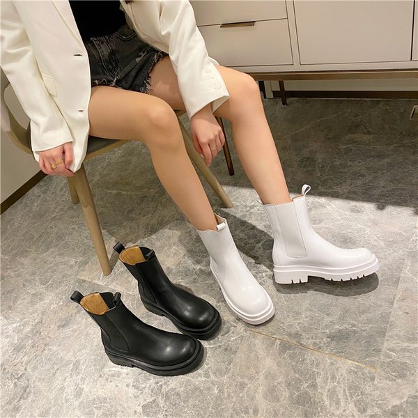 

winter boots lady leather women's shoes round toe boots-women luxury designer platform booties ladies 2020 rock, Black