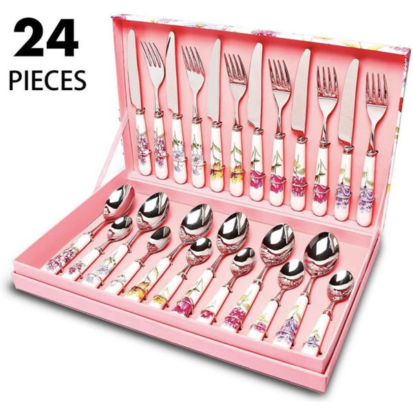 

beautiful gift box packing stainless steel flatware head porcelain circle handle knife fork spoon set creative flower 24 pieces cutlery