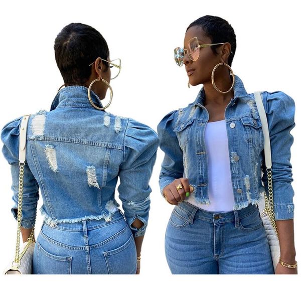 

s-5xl женщина джинсовых курток streetwear hip hop vintage обрезанной short jean пальто кнопка puff рукав тонких разорванные джинсы куртка ве, Black;brown