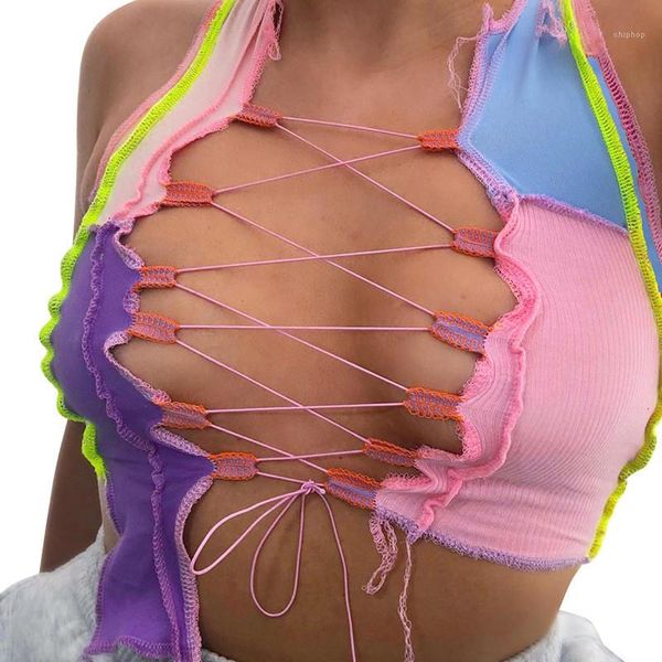 

clothing contrast color women tanks hollow out lace up slim crop new women summer, White