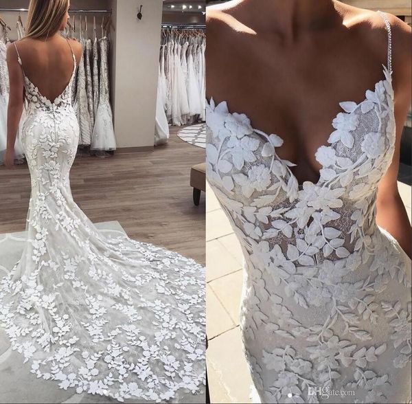 

Beads Pearls Spaghetti Strap Lace Mermaid Wedding Dresses 2020 Gorgeous 3D-Floral Appliques Boho Bridal Gowns Low Back Robe De Mariee