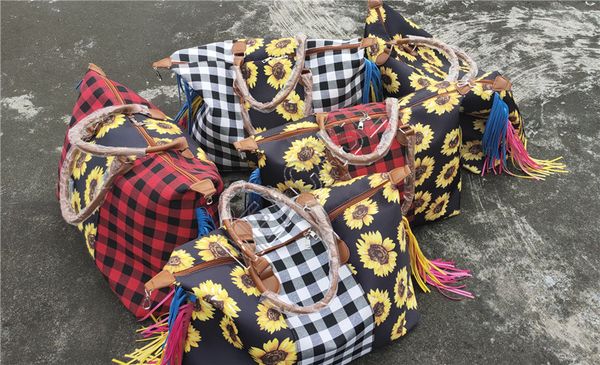 

designer women fashion sunflower grid print travel tassel bags waterproof storage shopping handbag eco-friendly grocery big totes d81904