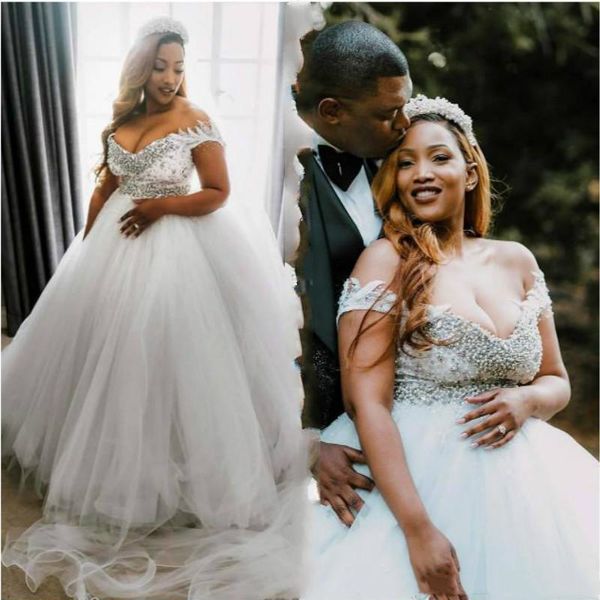 

plus size ivory wedding dresses off the shoulder appliques lace beaded pearls country bridal gowns back lace-up tulle vestidos de novia, White