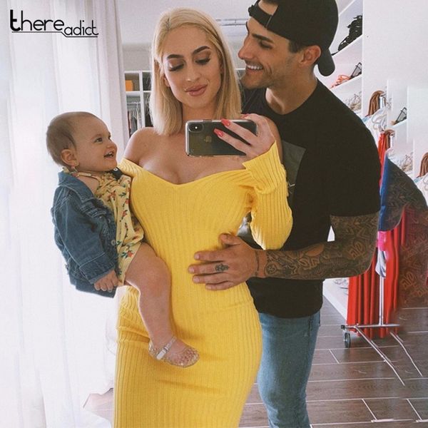 

long sleeve yellow knitted dress off shoulder v-neck backless sweater dress women autumn winter bodycon vestidos 2020, Black;gray