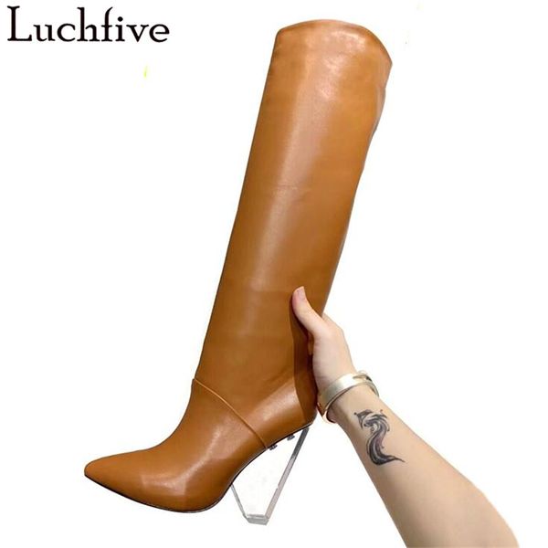 

clear strange heels long boots genuine leather shoes woman classic pointy toe women boots khaki black zapatos de mujer