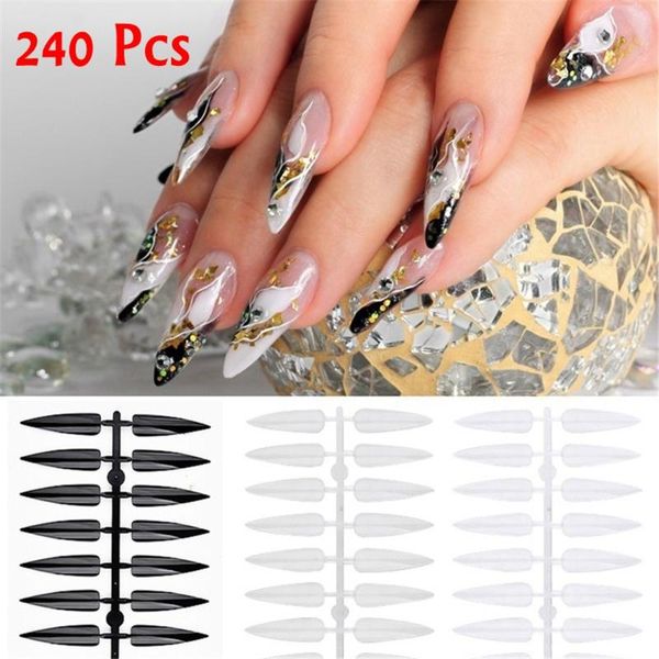 

240pcs nail art clear natural full cover sharp end stiletto long false fake nails tips manicure artificial nails salon practice, Red;gold