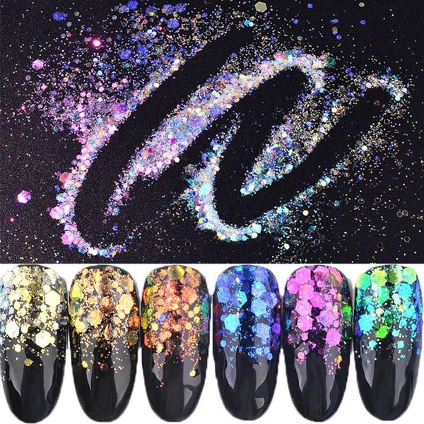 

1 box aurora mermaid hexagon flakes slice gradient colorful nail sequins mixed glitter powders 3d spark diy nail art decoration, Silver;gold