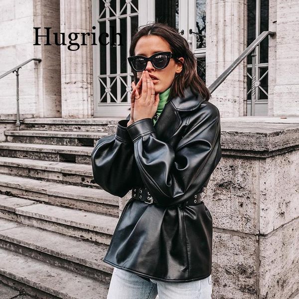 

2020 black fashion pu leather women jackets belt punk style motorcycle & biker windbreaker solid winter warm outwear coats