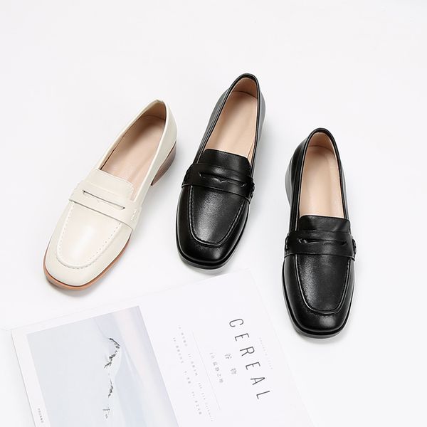 

mordoan genuine leather women shoes one-pedal thick heel loafers female british retro flat bottom all-match women's single shoes, Black
