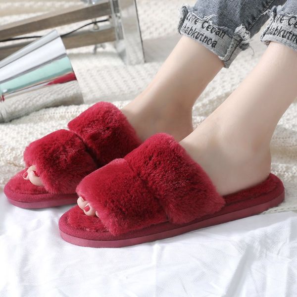

slippers women fur slides fluffy winter warm shoes cute slip on woman girls comfortable home indoor bedroom ladies, Black