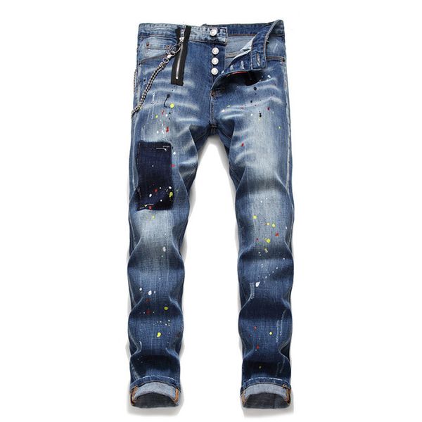 

slim stretch jeans mens designer vintage pencil pants with button fashion casual men trousers 2021 new arrivals, Blue