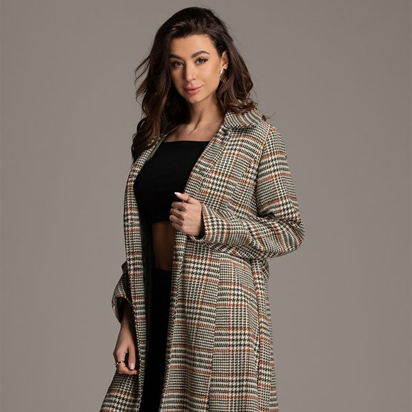 

women's fur & faux 2021 d&h mid-length plaid coat thin waist hugging woolen overcoat long, Black