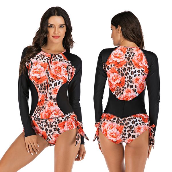 

women's athletic one piece swimsuit long sleeve rash guard swimming bathing suit zip-up swimwear tie side swimwear sunsuit