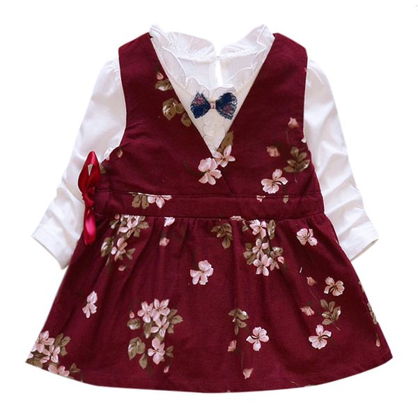 

clearance autumn toddler kids baby girls floral suspender princess dress bow 2 pc sets outfits clothes 0118, White