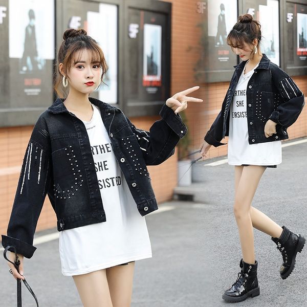 

black jacket women 2020 spring autumn hand rivet sequins denim jacket loose outwear female new students casual short jeans coats, Black;brown