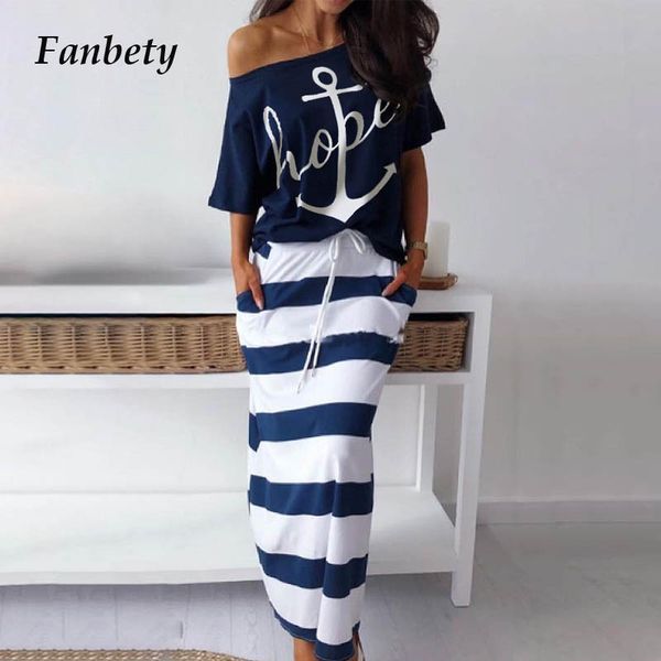 

fanbety women off shoulder two piece sets dress boat anchor print shirts striped dress sets lady casual ankle-length dress, Black;gray