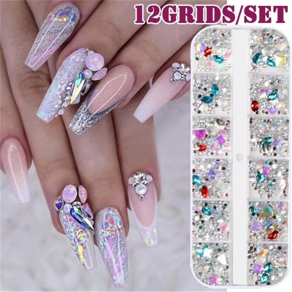 

12 grid multi-size nail rhinestones 3d crystal ab clear nail stones gems pearl diy art decorations gold silver rivet rhines, Silver;gold