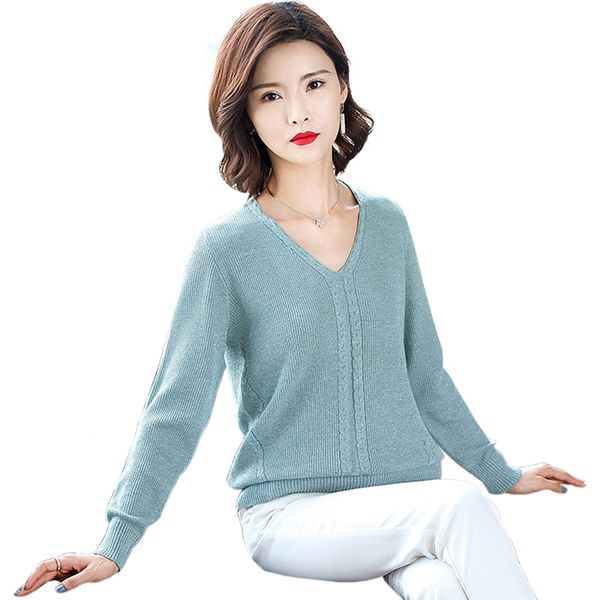 

autumn and winter casual v-neck womens fashion knitted pullovers solid color long sleeve loose sweater women, White;black