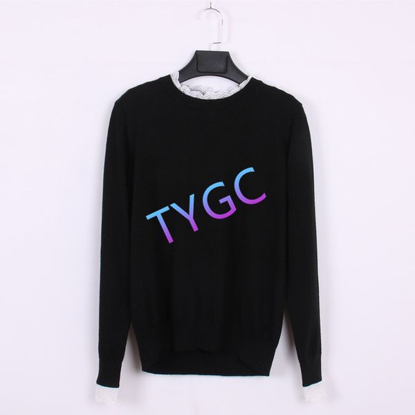 

woolly lace pullover sweater woollen high end women's knitted panelled long sleeve crew-neck solid color apparel, White;black