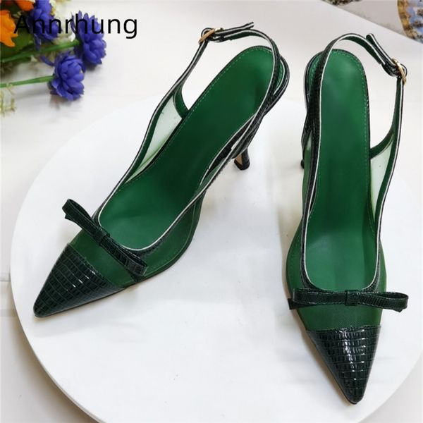 

pointed toe real leather women pumps new spring 2020 back strap slingbacks high heels little bowtie air mesh shoes woman, Black