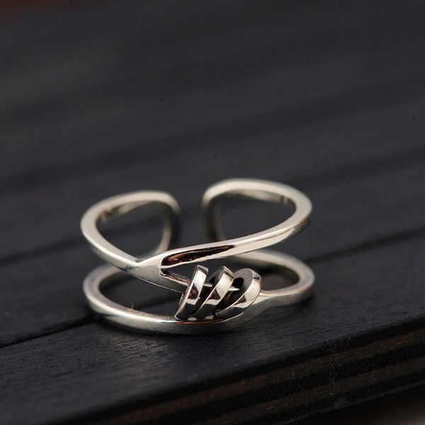 

s925 silver vintage craft women's open ring simple fashion double-layer thai silver style ring, Golden;silver