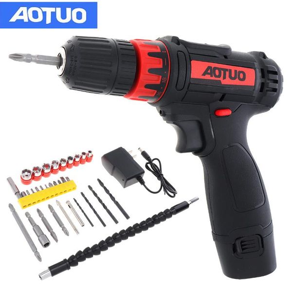 

aotuo lithium battery electric drill 12v cordless electric screwdriver with rotation switch and plastic box 32pcs accessories
