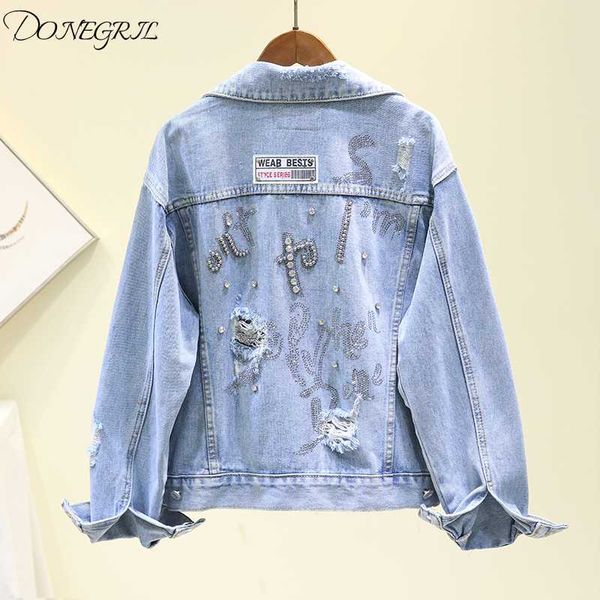

2020 new handwork diamond short denim jacket women spring loose letter print jeans jacket coat female chaqueta mujer outwear, Black;brown