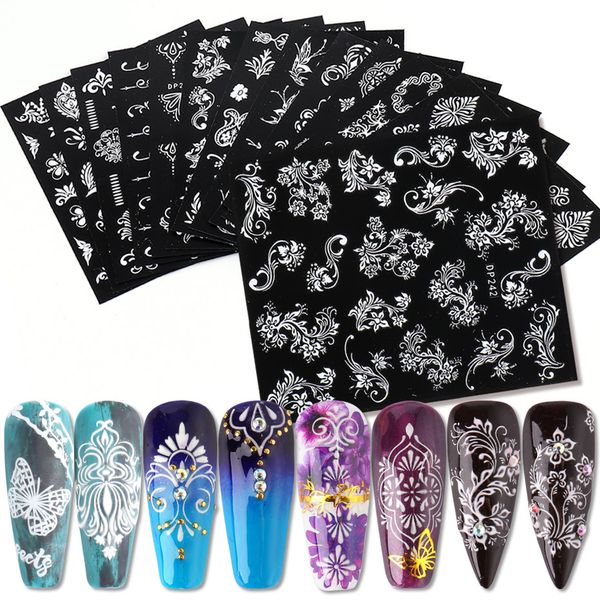 

5d white flower nail stickers lace transfer decals summer leaf adhesive sliders wraps tips nail art decoration, Black