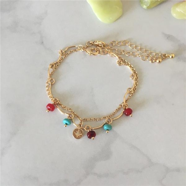 

trendy women bracelet/anklet gold color plating small bead hanging with round disc charm layered bracelet/ anklet, Golden;silver