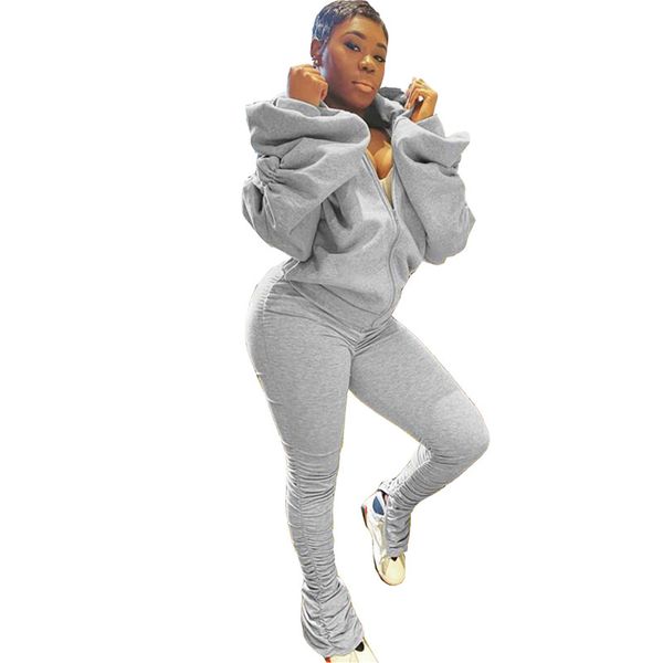 

designer hollow out suits casual stacked long sleeve long pants womens 2 piece outfits hooded collar tracksuits, Gray