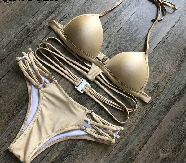 

qinjoyer black push up swimwear women biquini thong swimsuit padded bikini 2019 swim bathing suit halter bikinis mx200613, White;black