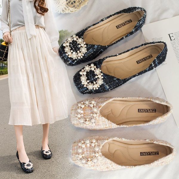 

spring summer women flats square toe slip on flat shoes pearl boat shoes female loafers tweed plaid office ladies 8181n, Black