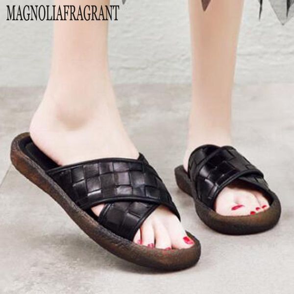 

fashion outdoor solid wild genuine leather slippers women cross flats flip flops open toe beach shoes cozy women slippers hy782, Black