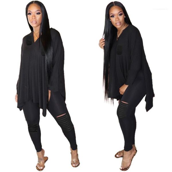 

color hole long sleeve v neck casual suits womens clothing 2 piece set autumn womens designer tshirt suits solid, White