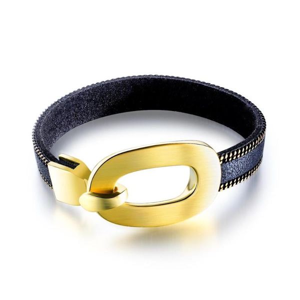 

link, chain modern times trendy stainless steel pu leather bracelet bangles gold black color charm cool fashion jewelry gift
