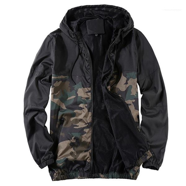 

casual panelled males clothing camouflage print mens designer jackets fashion loose zipper pocket mens hooded outerwears, Black;brown