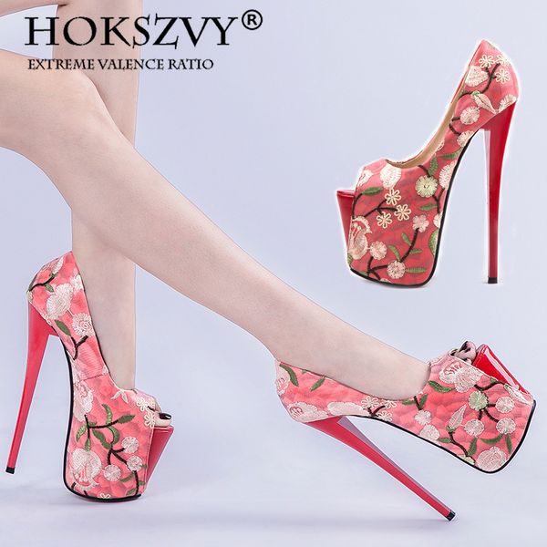 

19cm embroidered ethnic red chinese style flower fish mouth single shoes nightclub hate sky tall women's shoes mjl, Black