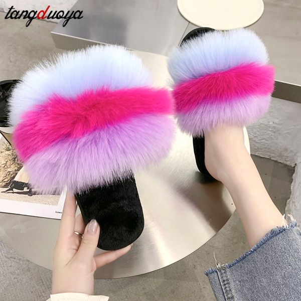 

2020 winter indoor slippers women warm slippers rainbow fur cartoon flat furry shoes slipper women zapatillas de mujer, Black