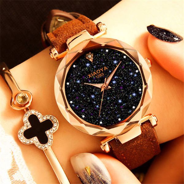 

luxury starry sky watch for women fashion ladies quartz wristwatch fine leather waterproof clock relogio feminino zegarek damski, Slivery;brown