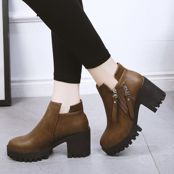 

2020 new thick with high-shoes casual shoes women's side zipper round head boots spring and autumn women's, Black