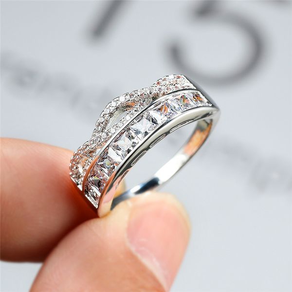 

wedding rings luxury female white crystal stone ring charm zircon silver color for women dainty hollow infinity engagement, Slivery;golden