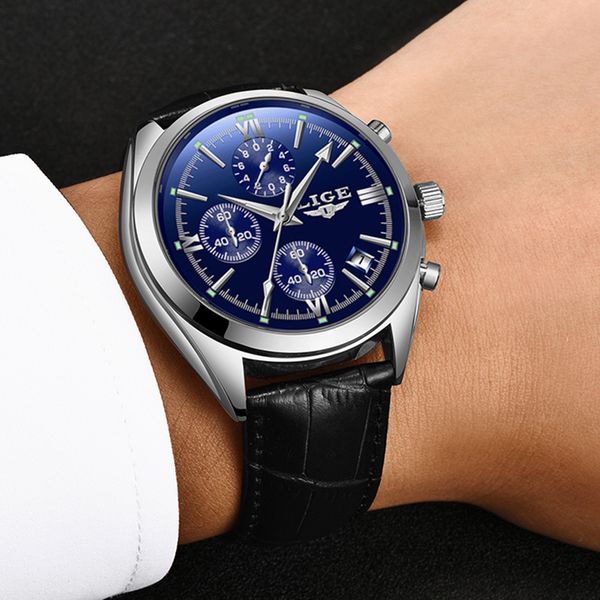 

lige 2020 fashion leather strap quartz men watches casual date business male wristwatches clock montre homme, Slivery;brown