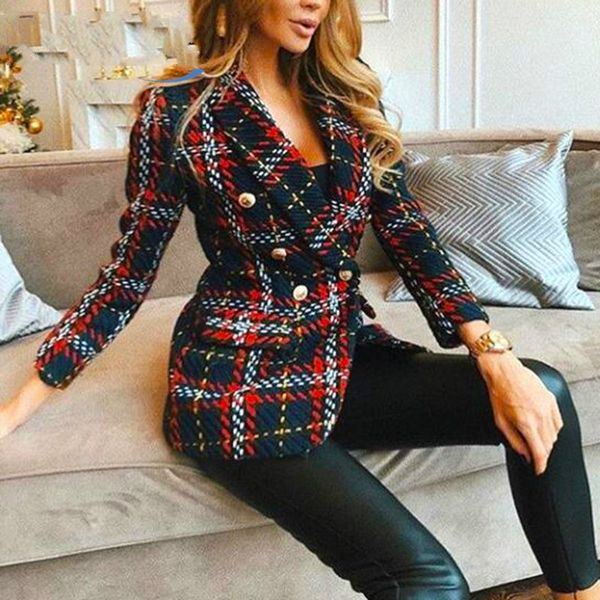 

2020 autumn fashion plaid women blazer coat vintage double breasted office ladies suit coat jacket long sleeve casual coats, White;black