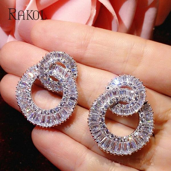 

wholesale trendy big 2 circle shape cubic zircon micro stone pave stud earrings for bridal luxury wedding jewelry women bijoute, Golden;silver