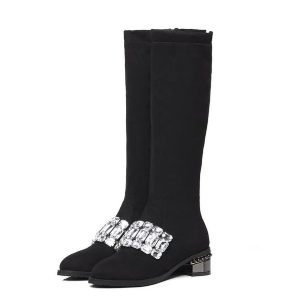 

boots us4-13 womens round toe diamond knee thigh high suede leather warm winter shoes block heel black plus size 34-48