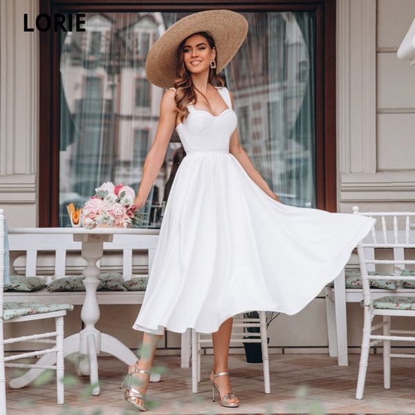 Lorie simples branco chá-comprimento vestidos de casamento curto 2020 cetim a linha de vestidos de noiva abertos de volta princesa vestido de festa com laço