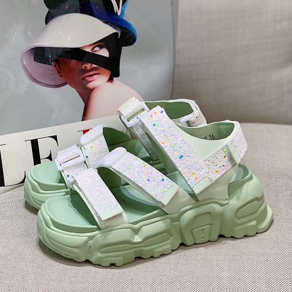 

errfc designer luxury women sandal shoes ladies platform casual flat slides younger trending green bling glitter zapatos, Black